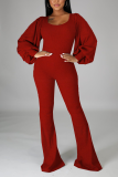 Red Casual Solid Split Joint Square Collar Boot Cut Jumpsuits