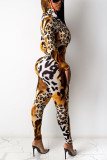 Leopard Print Fashion Casual Print Basic Hooded Collar Skinny Jumpsuits