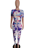 fuchsia Fashion Casual Patchwork Print Tie Dye Two Piece Suits pencil Short Sleeve Two Pieces