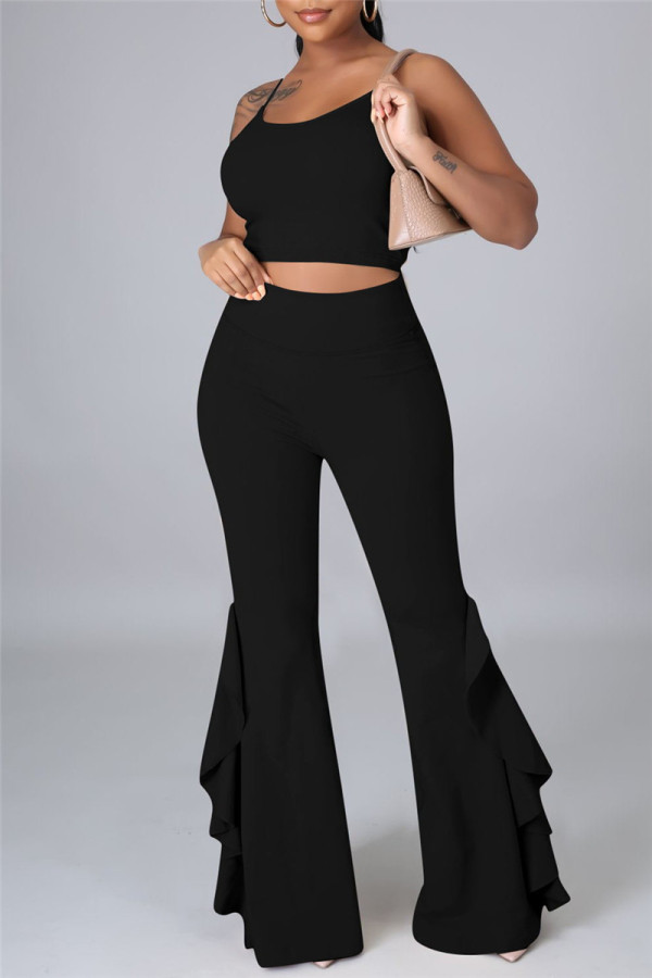 Black Sexy Casual Solid Backless Spaghetti Strap Sleeveless Two Pieces