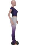 purple Polyester Fashion adult Sexy Split Print Two Piece Suits Draped Patchwork Gradient Boot Cut Short Sl