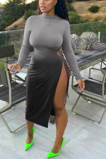Black Sexy Sleeve O neck Step Skirt Knee-Length Ombre Dresses