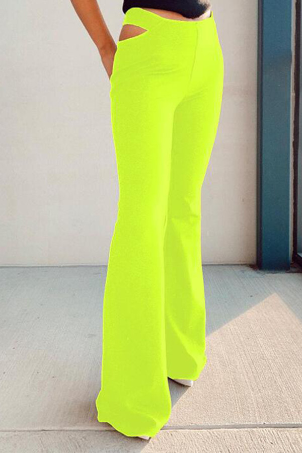 Fluorescent Green Casual Solid Hollowed Out Regular High Waist Wide Leg Solid Color Bottoms
