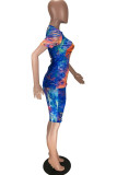 Blue Polyester Fashion Sexy adult Ma'am Print Burn-out Two Piece Suits pencil Short Sleeve Two Pieces