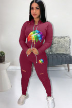 Maroon Polyester Sexy Print Lips Print Hole Burn-out Two Piece Suits pencil Long Sleeve Two-piece Pants Se