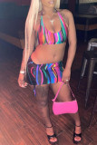 Colour Fashion Sexy Print Backless Halter Sleeveless Two Pieces