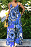 Yellow Sexy Print Patchwork Spaghetti Strap Loose Jumpsuits