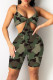 Army Green Fashion Sexy Print Hollowed Out Backless V Neck Sling Romper