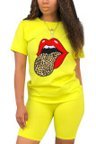 Yellow Fashion Casual Adult Print O Neck Short Sleeve Regular Sleeve Regular Two Pieces