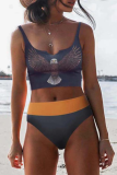 Yellow Sexy Print Color Block Split Joint Swimwears