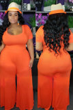 Orange Polyester Fashion Sexy adult O Neck Patchwork Solid Stitching Plus Size
