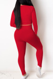 Red Fashion Sexy Adult Polyester Solid Split Joint O Neck Long Sleeve Regular Sleeve Regular Two Pieces