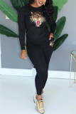 Black Fashion Casual Print Basic O Neck Long Sleeve Two Pieces