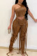 Coffee Sexy Solid Bandage Patchwork O Neck Sleeveless Two Pieces