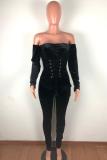 Black Fashion Sexy Patchwork Solid bandage Long Sleeve one word collar 