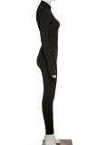 Black Fashion Sportswear Adult Milk Fiber Solid O Neck Skinny Jumpsuits
