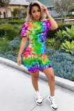 Yellow Fashion adult Street Patchwork Print Tie Dye Two Piece Suits Straight Short Sleeve Two Pieces