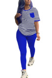 Blue Milk Silk Fashion Active adult Ma'am Striped Two Piece Suits pencil Short Sleeve Two Pieces