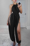 Black Sexy Solid With Belt Halter Loose Jumpsuits