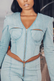 Light Blue Street Solid Patchwork V Neck Tops