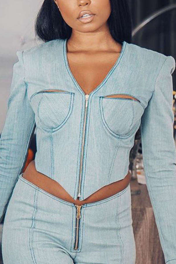 Light Blue Street Solid Patchwork V Neck Tops