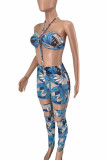 Blue Fashion Sexy Print Hollowed Out Backless Strap Design Strapless Skinny Jumpsuits