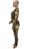 Green Sexy National Totem V Neck Long Sleeve Two Pieces