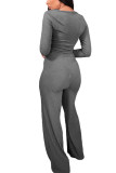 Grey Fashion Sexy Adult Cotton Solid Split Joint O Neck Long Sleeve Regular Sleeve Short Two Pieces