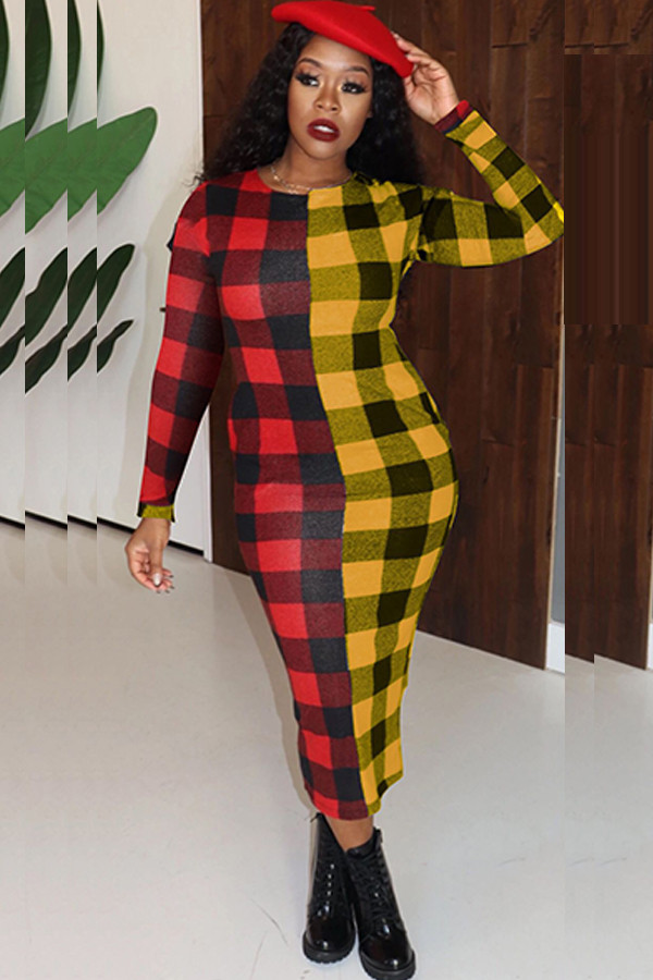 Yellow-red OL Cap Sleeve Long Sleeves O neck A-Line Mid-Calf Plaid Print