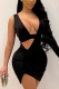 Black Sexy Solid Hollowed Out Patchwork Fold V Neck Pencil Skirt Dresses