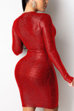 Red Street Solid Sequins V Neck Pencil Skirt Dresses