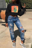 Black Street Print Patchwork O Neck Tops