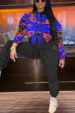 Black Street Print Draw String Hooded Collar Tops