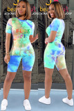 rose red Polyester Fashion Casual Print Tie Dye Two Piece Suits pencil Short Sleeve Two Pieces