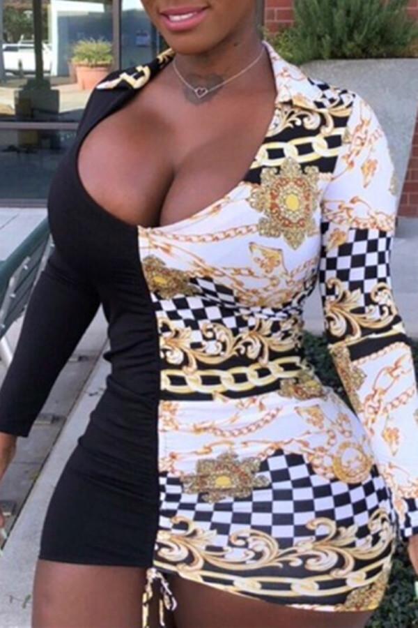 White Fashion Sexy Print Patchwork Turndown Collar Long Sleeve Dresses