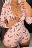 Pink Sexy Print Split Joint O Neck Skinny Jumpsuits
