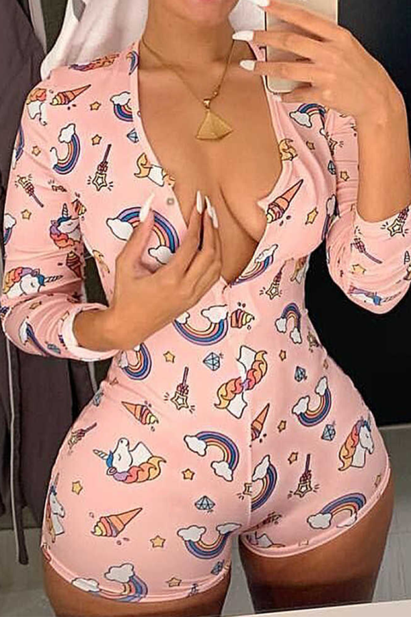 Pink Sexy Print Split Joint O Neck Skinny Jumpsuits
