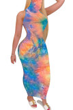Blue Polyester Fashion Sexy adult Blue Orange Yellow purple Off The Shoulder Sleeveless Turtleneck Step Skirt Ankle-Length Print Patchwork Tie and dye Dresses