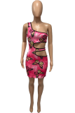 Pink Sexy Print Hollowed Out One Shoulder Pencil Skirt Dresses