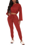 Wine Red Fashion Casual Adult Nylon Solid Ripped O Neck Long Sleeve Regular Sleeve Short Two Pieces