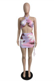 Multicolor Fashion Sexy Print Backless Halter Sleeveless Two Pieces