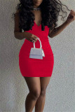 Red Sexy Casual Solid With Belt V Neck Vest Dress