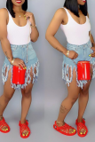 rose red Denim Button Fly Zipper Fly Mid Solid Patchwork Tassel Straight shorts