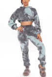 Gray Blue Fashion Casual Print Tie-dye Hooded Collar Long Sleeve Two Pieces