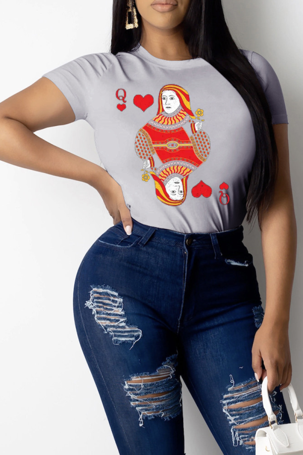 Grey Casual Print Patchwork O Neck Tops