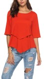 Red Casual Regular O-Neck Half Solid Patchwork Regular Tees & T-shirts