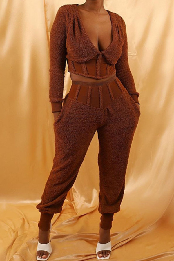 Camel Sexy Solid Patchwork V Neck Long Sleeve Two Pieces