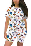 White Fashion Casual Adult Print O Neck Short Sleeve Regular Sleeve Regular Two Pieces