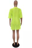 Fluorescent green Polyester Casual Fashion Cap Sleeve 3/4 Length Sleeves Asymmetrical Collar O neck Straight Mini holl