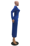Deep Blue Casual Solid Slit Mandarin Collar One-piece Suits Dresses